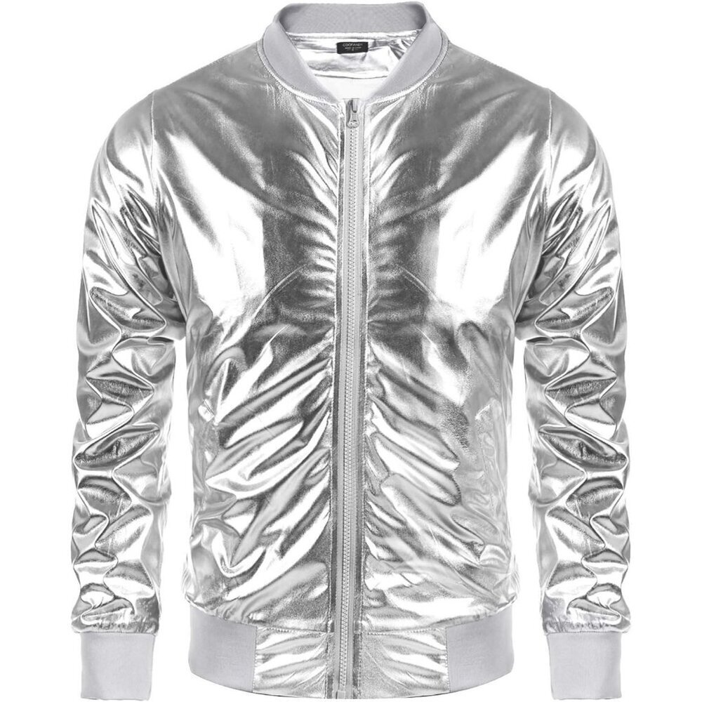 Men's 02-Silver Shiny Fabric Varsity Bomber Jacket Metallic Style Zipper Shirts
